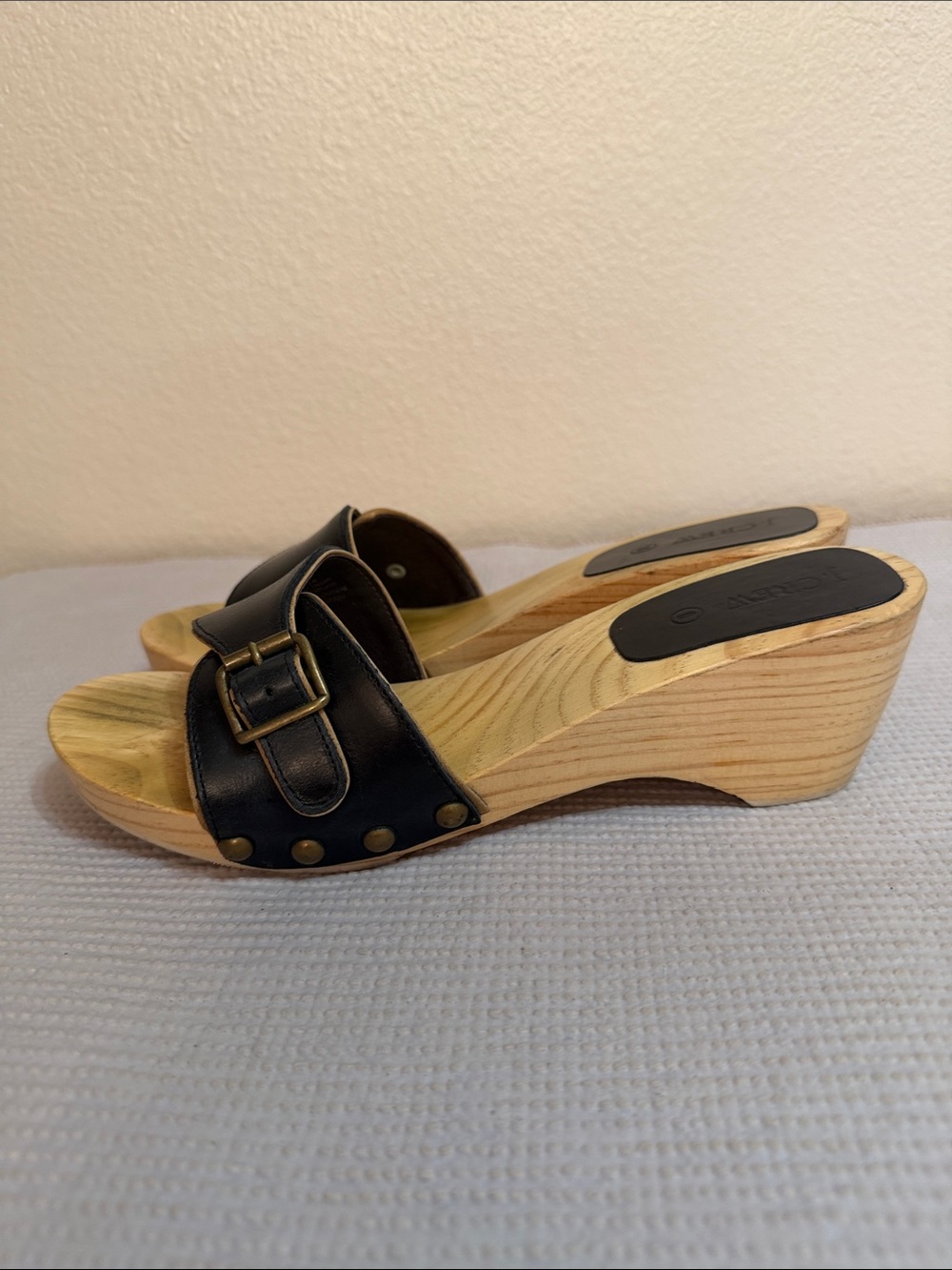 J. Crew Black Leather Buckle Wood-Effect Wedge Sandals